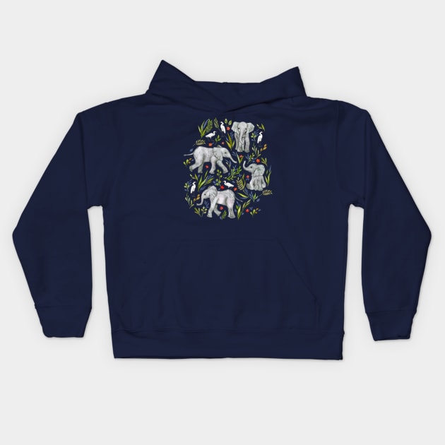 Baby Elephants and Egrets in Watercolor - navy blue Kids Hoodie by micklyn